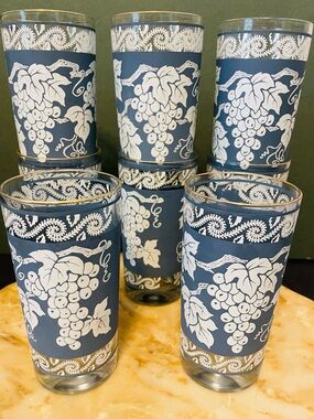 Vintage Jeannette Wedgewood Blue Grapevine Glass Highball Tumblers - Set Of 8